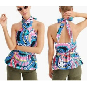 J. Crew Peplum Halter Top Womens Small In Kaleidoscope Floral Cotton Side Zip